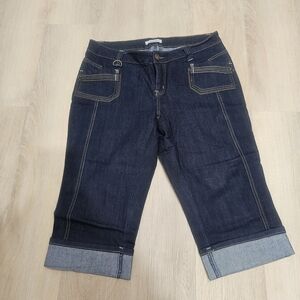 AE Sport Dark Wash Denim Capri Jeans Size 14 Cuffed Stretch Zip Pockets